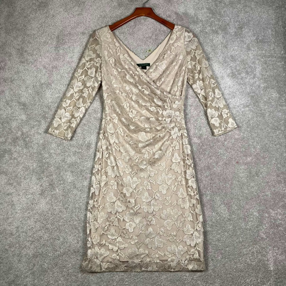 Lauren Ralph Lauren Dress Womens 8 Beige Floral Lace Ruched Faux Wrap V-Neck